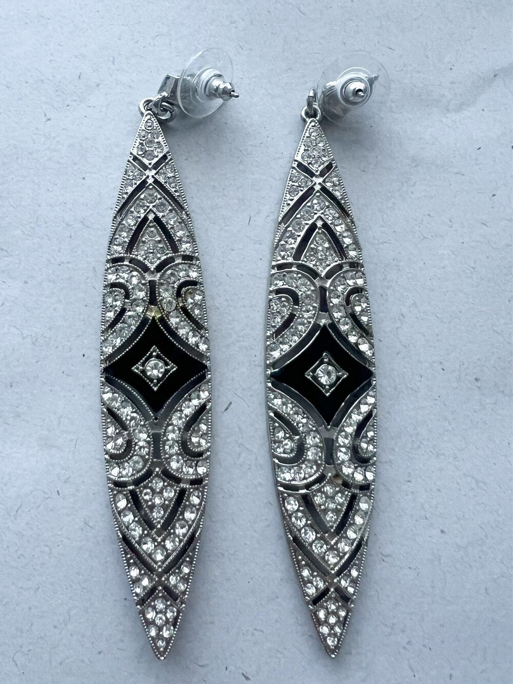 Kenneth Jay Lane Earrings Silver Art Deco Crystal Rhinestones Statement Dangle